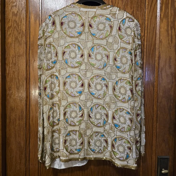 SEQUIN ORIGINAL Vintage Hand Beaded Silk Jacket Shoulder Pads Bead Work LARGE - Picture 13 of 17